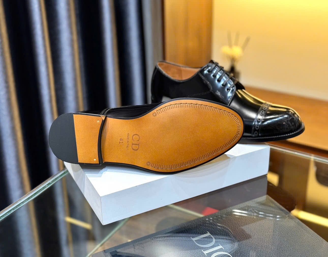 Giày Tây Loafer Dior CD Đen bóng họa tiết logo chữ mũi giày Like Auth Fullbox phụ kiện DDT